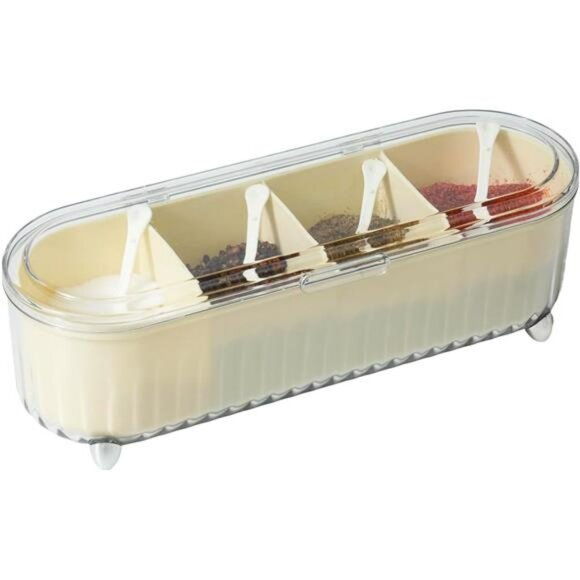 Clear spice organizer box with 4 compartments lids and spoons kitchen storage se - Picture 1 of 8